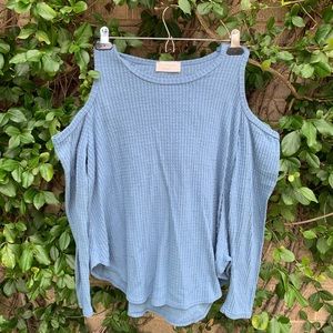 Blue open shoulder waffle shirt